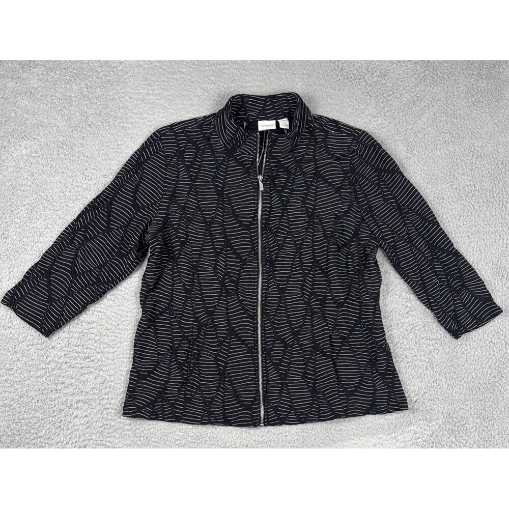 Weekends by Chicos Textured Striped Leaf  Zip Up jacket Black White size 2 (L)